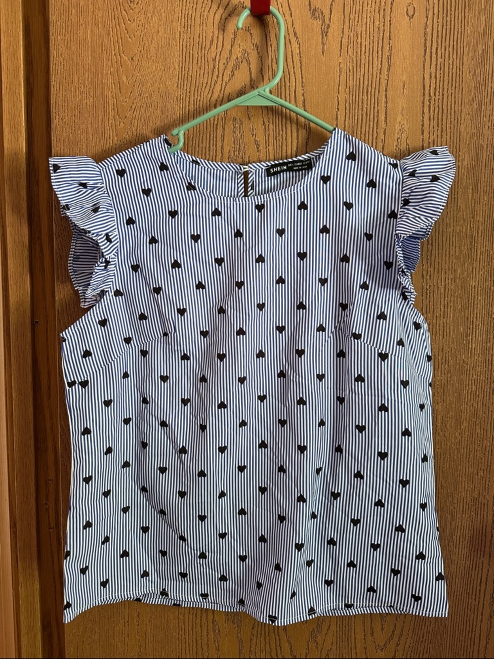 SHEIN Blue and White Striped Top with Black Heart Detail